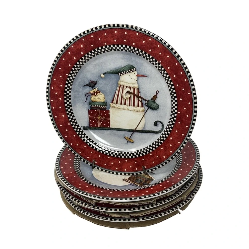 Debbie Mumm Frosty Folks Snowman Dessert Salad Plate Set of 4 Sakura Red Black‎